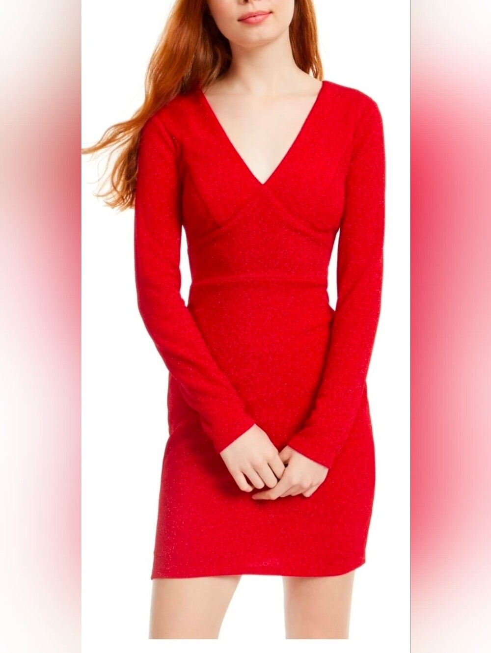 Red Long-Sleeve V-Neck Mini Dress